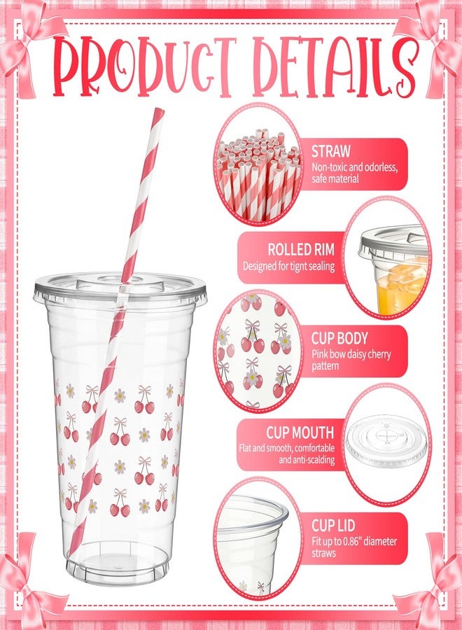 FillTouch مجموعة فيل تاتش من 100 كوب بلاستيكي وردي اللون مزين بفيونكة الكرز، سعة 16 أونصة، مع أغطية وماصات، أكواب بلاستيكية شفافة للاستخدام مرة واحدة مزينة بزهرة الأقحوان، مثالية لحفلات عيد الحب وأعياد الميلاد وحفلات الزفاف ذات الطابع الوردي الكرزي. - Image 4