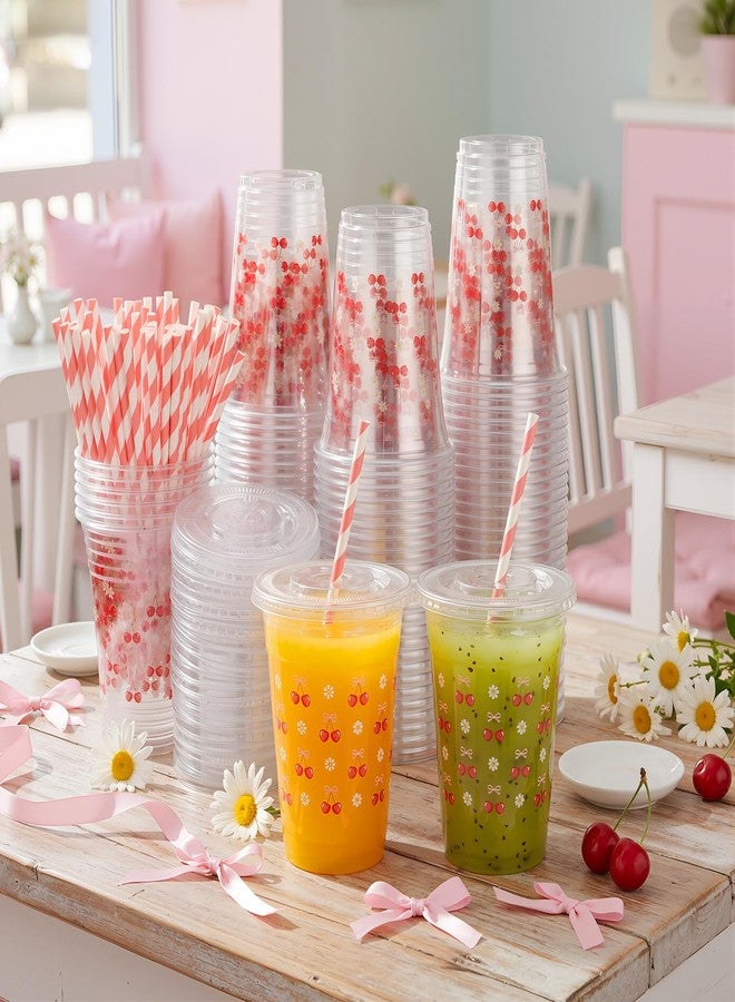 FillTouch مجموعة فيل تاتش من 100 كوب بلاستيكي وردي اللون مزين بفيونكة الكرز، سعة 16 أونصة، مع أغطية وماصات، أكواب بلاستيكية شفافة للاستخدام مرة واحدة مزينة بزهرة الأقحوان، مثالية لحفلات عيد الحب وأعياد الميلاد وحفلات الزفاف ذات الطابع الوردي الكرزي. - Image 2