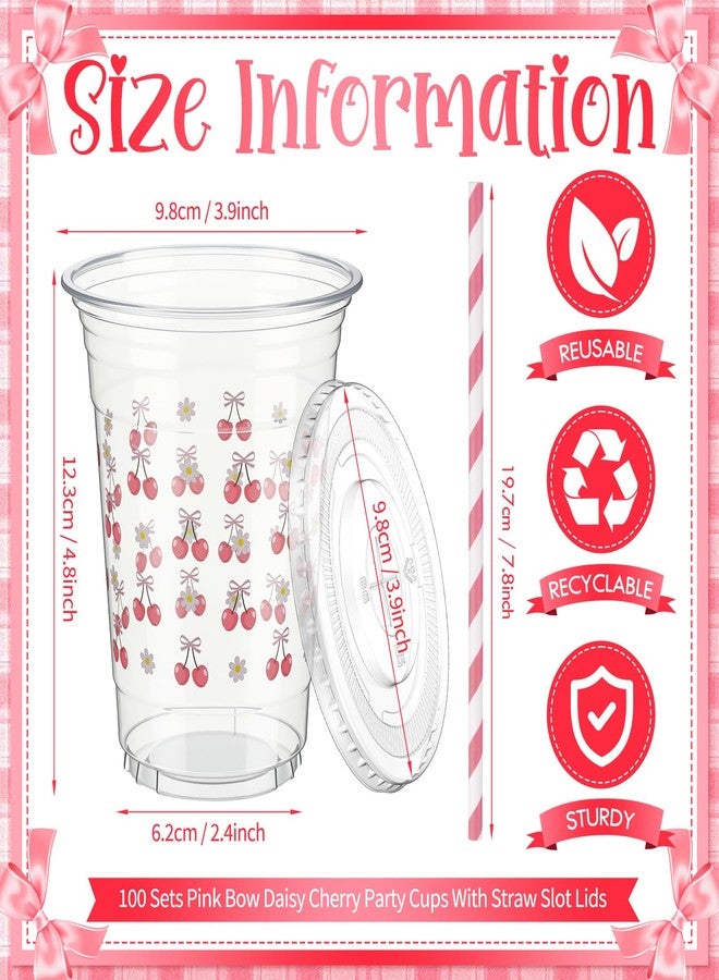 FillTouch مجموعة فيل تاتش من 100 كوب بلاستيكي وردي اللون مزين بفيونكة الكرز، سعة 16 أونصة، مع أغطية وماصات، أكواب بلاستيكية شفافة للاستخدام مرة واحدة مزينة بزهرة الأقحوان، مثالية لحفلات عيد الحب وأعياد الميلاد وحفلات الزفاف ذات الطابع الوردي الكرزي. - Image 3