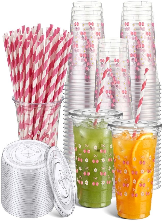 FillTouch مجموعة فيل تاتش من 100 كوب بلاستيكي وردي اللون مزين بفيونكة الكرز، سعة 16 أونصة، مع أغطية وماصات، أكواب بلاستيكية شفافة للاستخدام مرة واحدة مزينة بزهرة الأقحوان، مثالية لحفلات عيد الحب وأعياد الميلاد وحفلات الزفاف ذات الطابع الوردي الكرزي. - Image 1