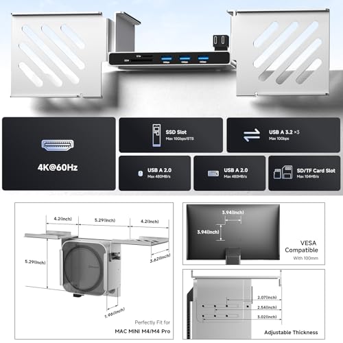 Minisopuru All Aluminum Mac mini M4 Dock Under Desk and Wall Mount, Mac mini M4 Vesa Mount with 4K@60Hz HDMI,8TB M.2 NVMe SSD Enclosure,10Gbps Data,Mac mini M4 Accessories for Mac mini M4/M4 Pro 2024 - Image 2