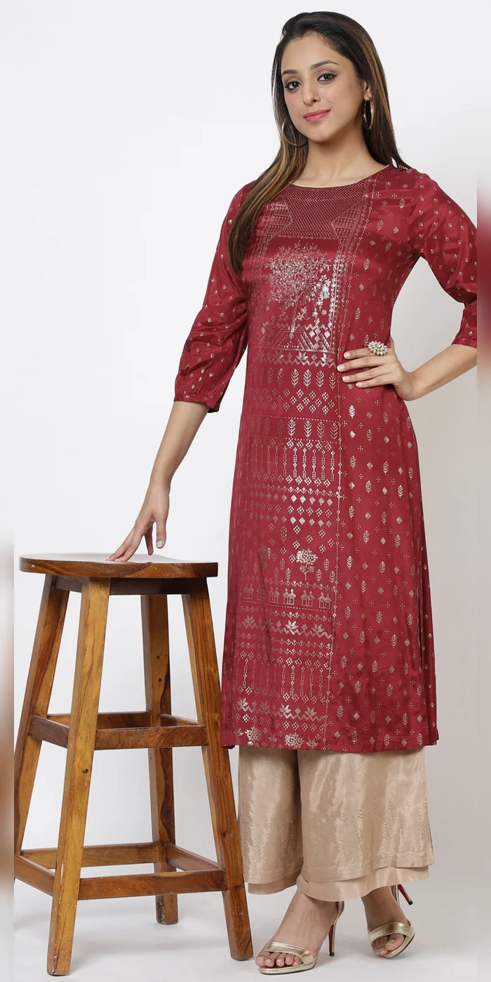 Women Maroon Viscose Straight Printed Kurta
