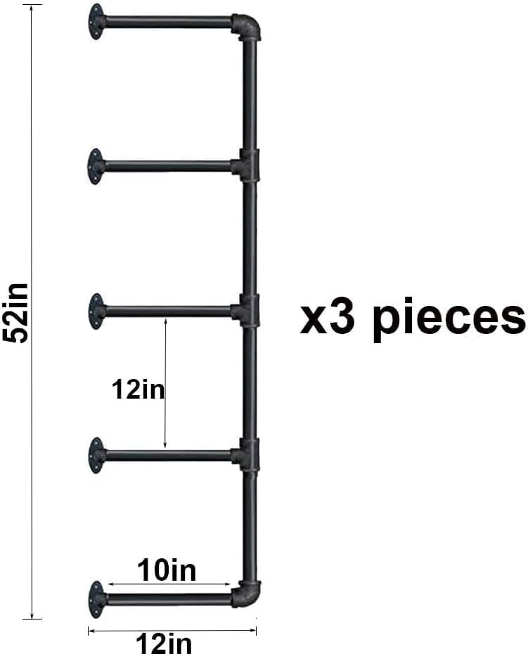 Tianman Industrial Wall Mount Iron Pipe Shelf Shelves Shelving Bracket Vintage Retro Black DIY Open Bookshelf DIY Storage offcie Room Kitchen Shelves (3Pcs,52" Tall,12" deep) - Image 3
