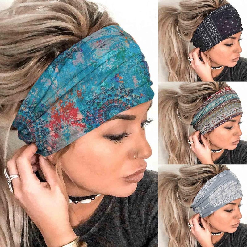 Olbye Olbye Wide Headbands Boho Headbands for Women Workout Yoga Hair Scarfs Running Sweatband Hair Accessories for Women Girls E Stylish Pack of 4