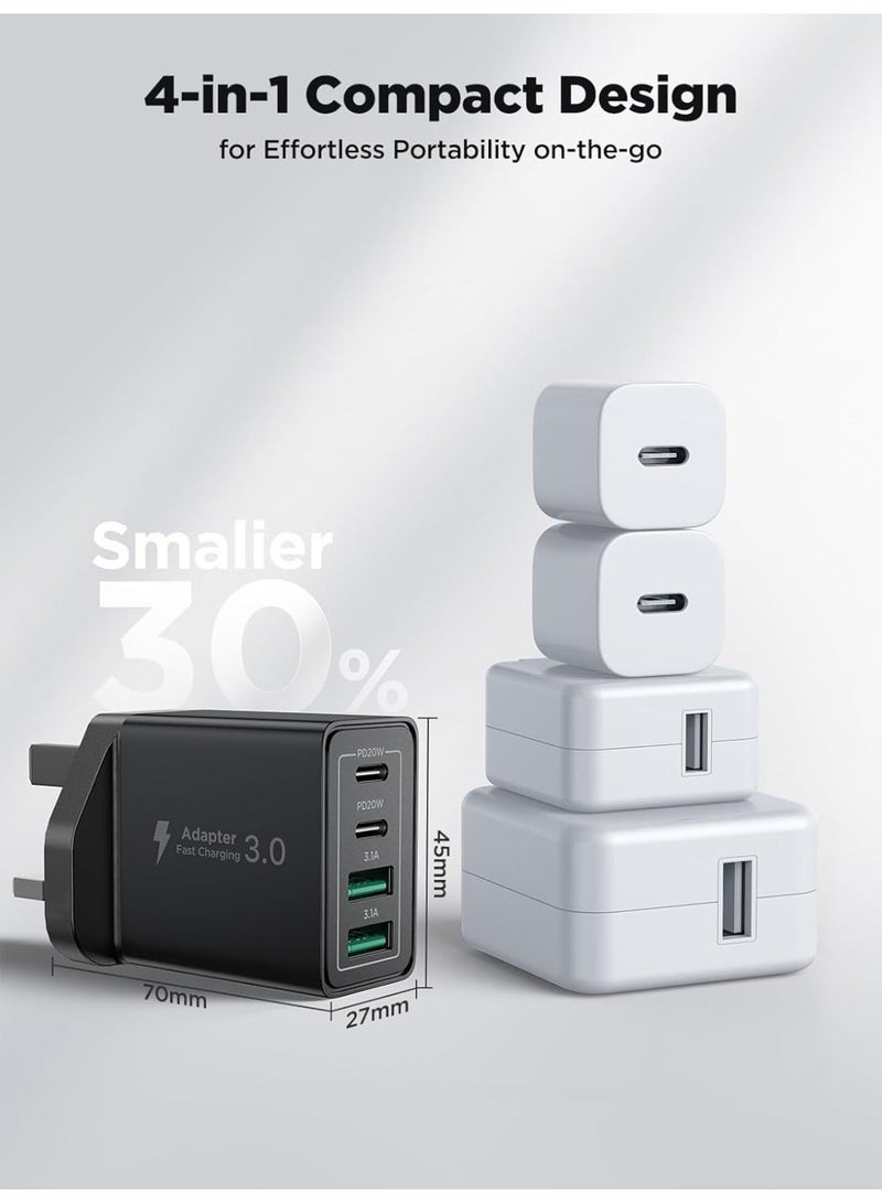 شاحن سريع رباعي المنافذ USB-C بقوة 40 واط لأجهزة iPhone، مزود بمقبس USB-C متعدد المنافذ، وشاحن جداري USB لأجهزة iPhone 17 و16 و15 و14 و13، وiPad Pro/Air، وGalaxy S24 وS23، وMacBook Pro/Air، وأجهزة الكمبيوتر المحمولة من Dell وHP - Image 2