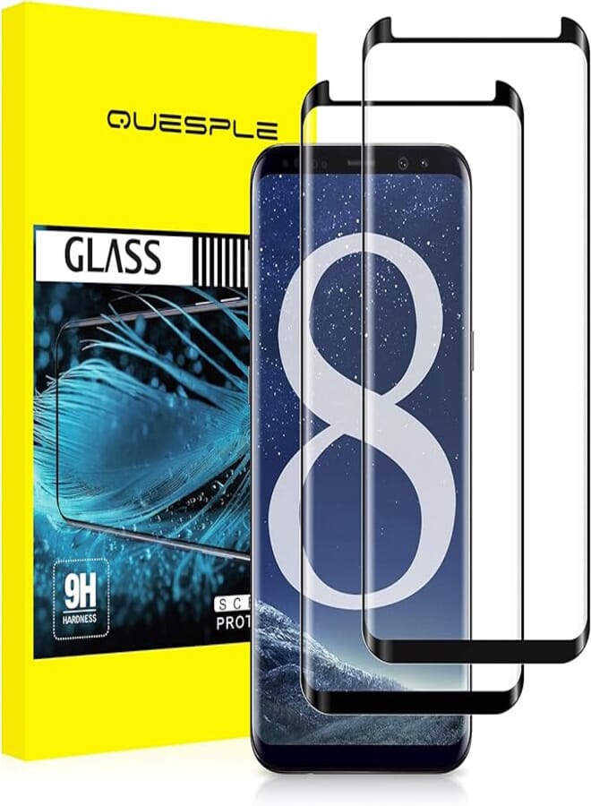 QUESPLE 2 Pieces Screen Protector Compatible with Samsung Galaxy S8 5.8 inch, Full Coverage (3D Curve) Screen Protector for Samsung Galaxy S8, Tempered Glass with 9H Hardness