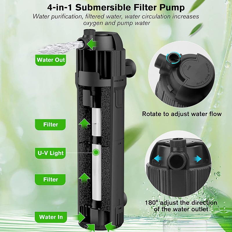 hygger 4-in-1 Submersible U-V Filter Pump, Internal Green Water Killer with Timer, 210GPH 8W Adjustable Fish Tank Filter, Increase Oxygen for 40-80 Gallon Aquarium Tank - Image 5