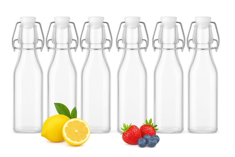 Plenaro Square Glass Bottles 250ml with Airtight Flip Cap - Pack of 6 - Reusable Leak-Proof Glass Bottle for Water, Juice, Oil, Vinegar, Kombucha & Beverages - BPA-Free Dishwasher Safe Storage Bottles - Image 1
