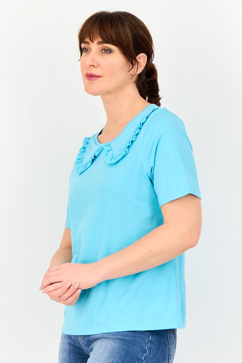 VERO MODA I Scenery by Vero Moda Women Crew Neck Short Sleeve Solid T Shirt, Light Blue - Image 2