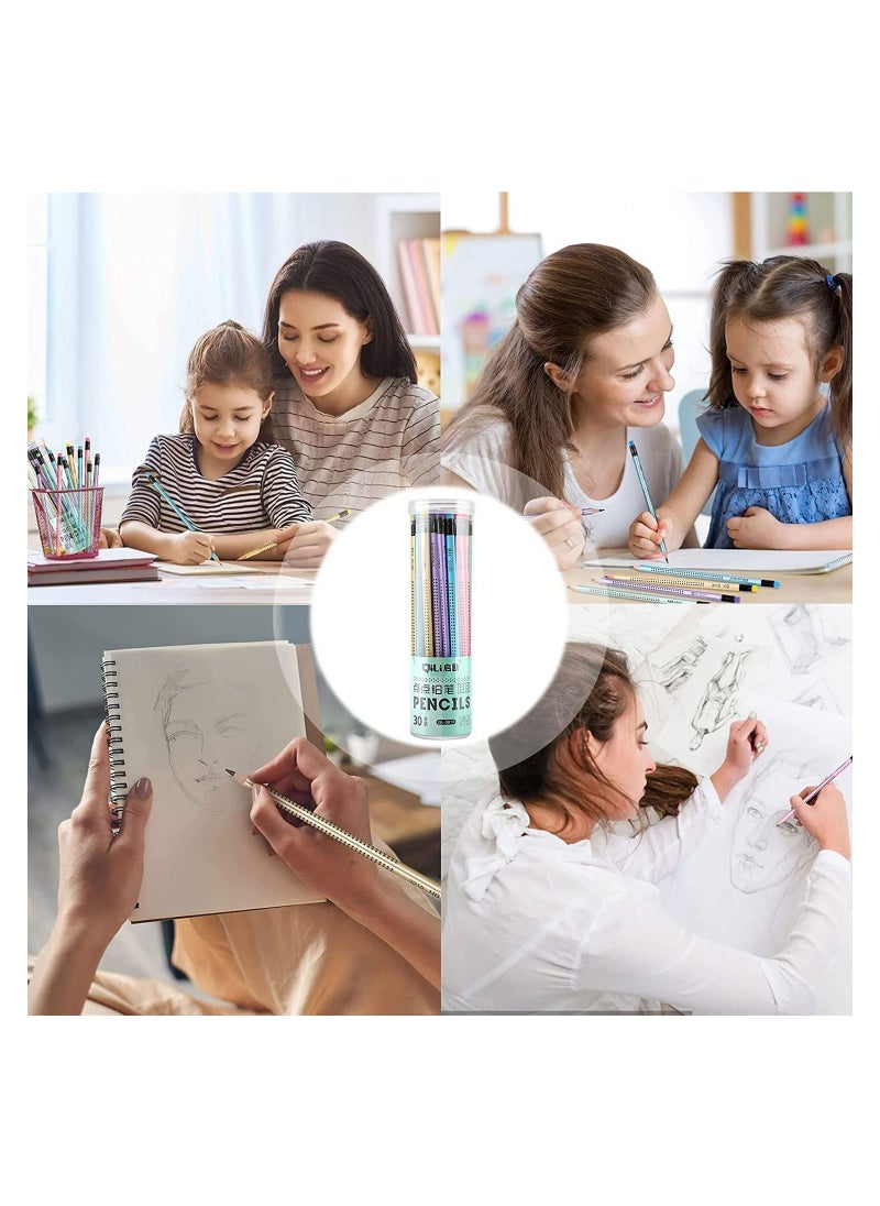 SYOSI - HB Pencils, 30Pcs with Rubbers, Pre-sharpened Pencil with 4Pcs Pencil Grip Corrector, Non-Slip Multi-Color with Eraser Student Writing Drawing Tool for Exams, School, Office, Drawing Sketching - Image 1