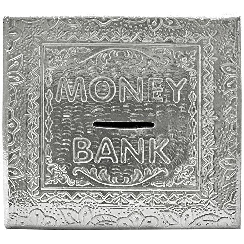 ITOS365 Handcrafted Wooden Money Bank for Kids with Lock & Key | Silver Embossed Square Piggy Bank Coin Box | Savings Box for Boys & Girls | Gift Item | 5 x 5 Inches - Image 2