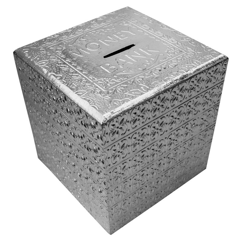 ITOS365 Handcrafted Wooden Money Bank for Kids with Lock & Key | Silver Embossed Square Piggy Bank Coin Box | Savings Box for Boys & Girls | Gift Item | 5 x 5 Inches - Image 5