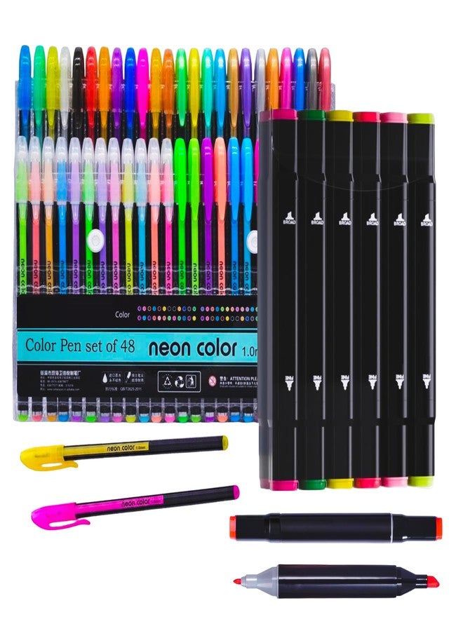 Corslet Set of 60 Pc : 48 Pc Neon Color Gel Pen & 12 Pc Fine & Broad Point Dual Tip Marker Combo Set Multicolor Stationery for Art, Journaling, School, Drawing, Highlighting, Adult Coloring & Office - Image 1