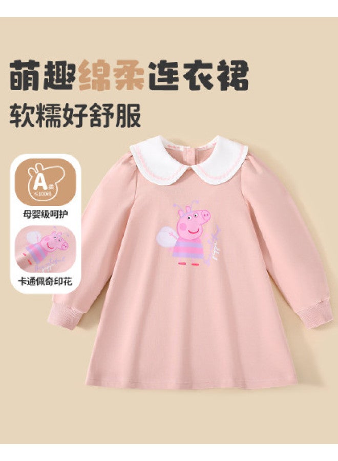 peppa Pig Spring Girls' Soft & Comfortable Dress With Adorable Turn-down Collar Mid-length Dress - Image 1