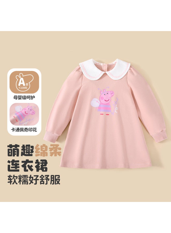 peppa Pig Spring Girls' Soft & Comfortable Dress With Adorable Turn-down Collar Mid-length Dress - Image 2
