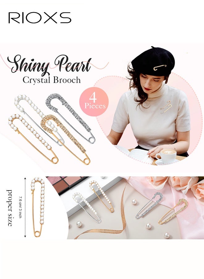 RIOXS 4 Pcs Women'S Brooch Pins, Dainty Faux Crystal Pearl Sweater Shawl Clips, Golden and Silver Safety Pins Dress Shirt Clips, Elegant Shawl Clips for Girls Clothing, Sweater Shirt Costume Dress Decoration Accessories - Image 4