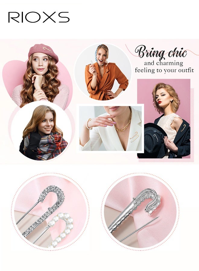 RIOXS 4 Pcs Women'S Brooch Pins, Dainty Faux Crystal Pearl Sweater Shawl Clips, Golden and Silver Safety Pins Dress Shirt Clips, Elegant Shawl Clips for Girls Clothing, Sweater Shirt Costume Dress Decoration Accessories - Image 5