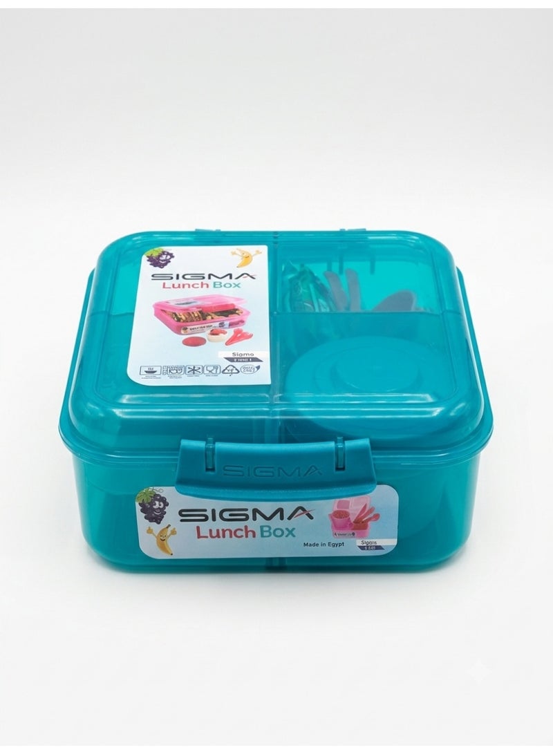 SIGMA Multi-Compartment Kids & Adults Lunch Box (1.25L) with Cutlery Set & Sauce Container –Turquoise - Image 1