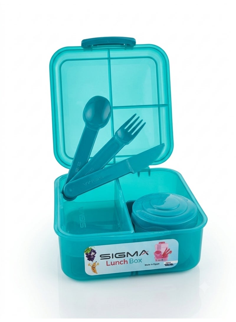 SIGMA Multi-Compartment Kids & Adults Lunch Box (1.25L) with Cutlery Set & Sauce Container –Turquoise - Image 2