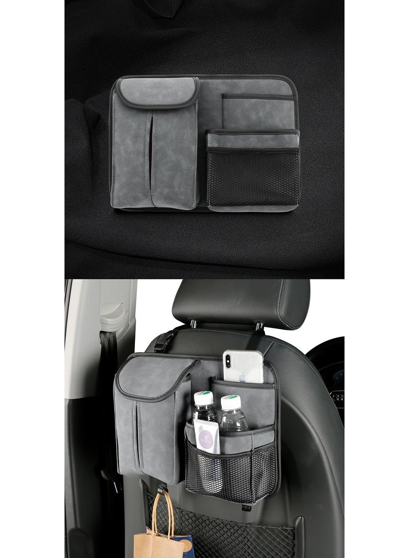 NANAO Excefore Car Back Seat Organizer,Multi-Pockets Leather Automotive Organizer With Tissue Box,Durable Hanging Front Seat Storage Box With Hooks, Universal Vehicle Travel Accessories (Gray) - Image 2
