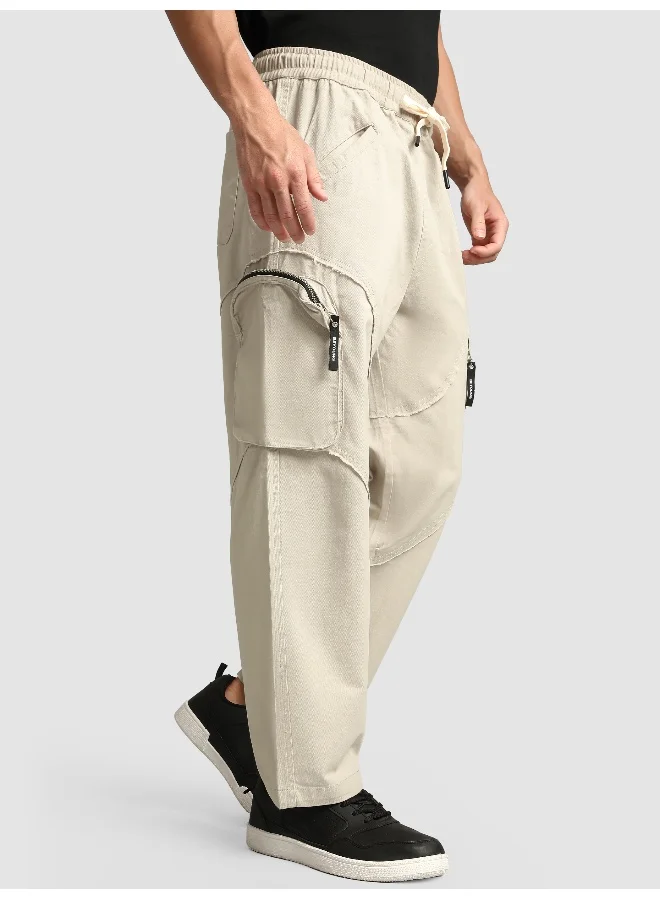 بيونغ بنطلون كارغو بيج بحواف خام وجيوب ثلاثية الأبعاد