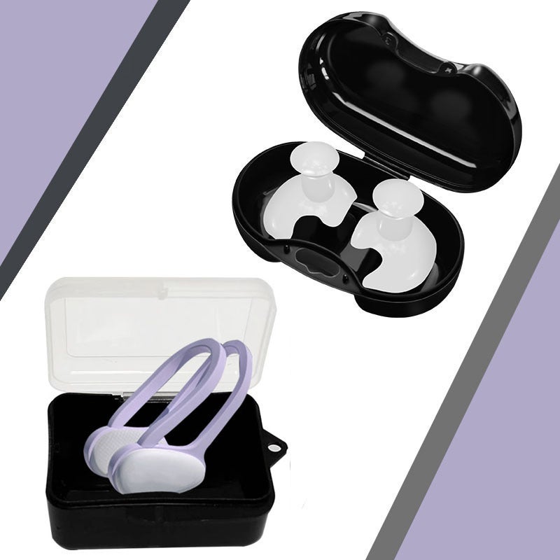 Generic Swimming Nose Clip Earplugs Set Silicone Anti-Slip Purple parallel bars swimming nose clip + white earplugs