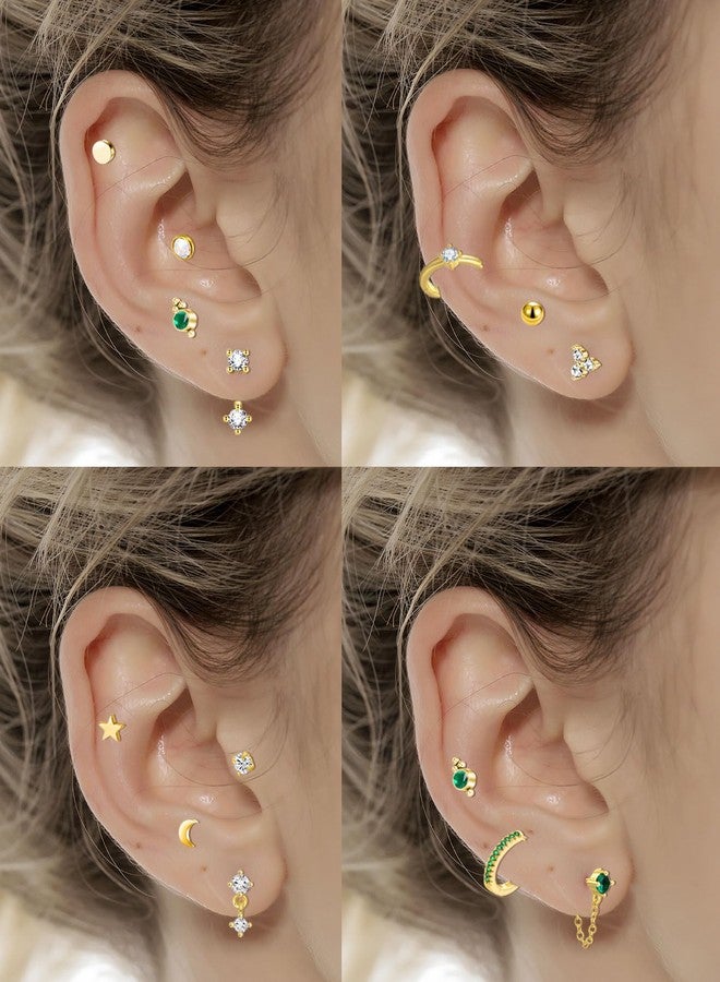 Tornito 15 Pairs Tiny Gold Stud Flat Back Earrings For Multiple Piercing 20G Stainless Steel Cartilage Earrings Stacks Ball CZ Emerald Green Small Hoop Earrings Sets Helix Piercing Jewelry For Women - Image 4