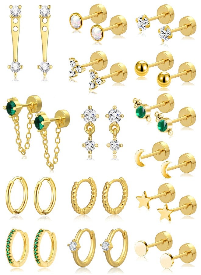 Tornito 15 Pairs Tiny Gold Stud Flat Back Earrings For Multiple Piercing 20G Stainless Steel Cartilage Earrings Stacks Ball CZ Emerald Green Small Hoop Earrings Sets Helix Piercing Jewelry For Women - Image 1