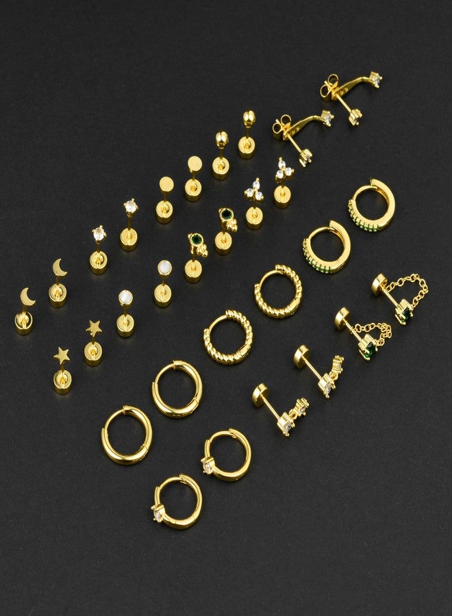 Tornito 15 Pairs Tiny Gold Stud Flat Back Earrings For Multiple Piercing 20G Stainless Steel Cartilage Earrings Stacks Ball CZ Emerald Green Small Hoop Earrings Sets Helix Piercing Jewelry For Women - Image 3