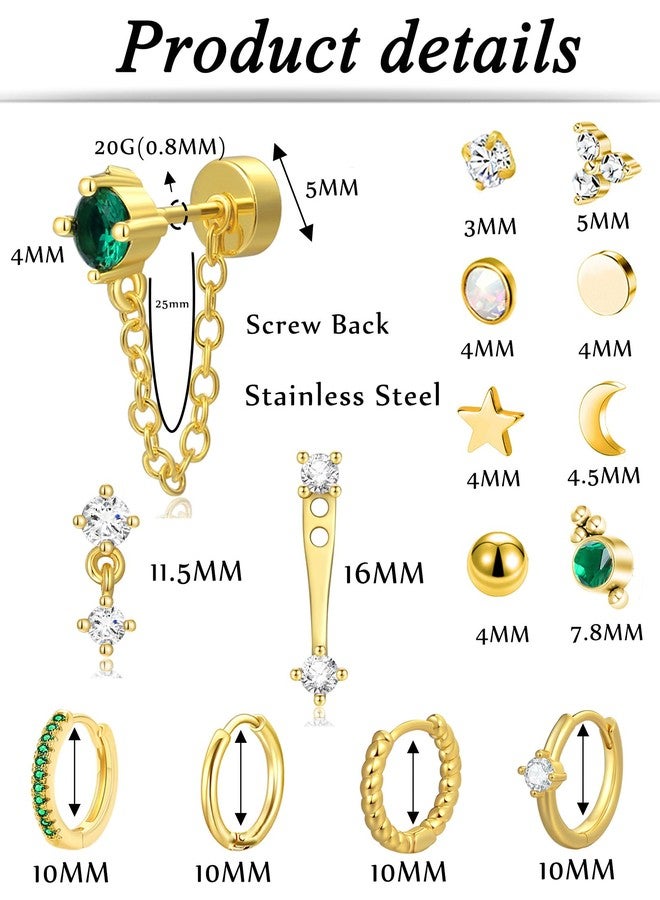 Tornito 15 Pairs Tiny Gold Stud Flat Back Earrings For Multiple Piercing 20G Stainless Steel Cartilage Earrings Stacks Ball CZ Emerald Green Small Hoop Earrings Sets Helix Piercing Jewelry For Women - Image 2