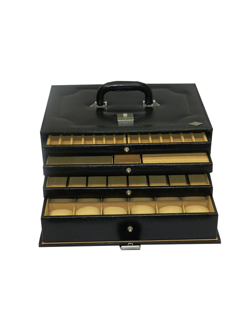 LAVERI LEATHER صندوق ساعات لافيري للرجال والنساء (18 ساعة، أقلام، فتحات للحلقات)، منظم حافظة ساعات من الجلد الفاخر مع غطاء زجاجي من الكريستال، وسادة قابلة للإزالة - Image 1