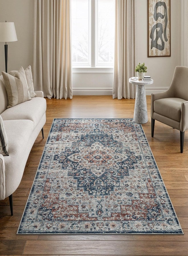 Bloom Rugs Caria Washable Non-Slip 4x6 Rug - Terracotta/Teal Traditional Area Rug for Living Room, Bedroom, Dining Room, and Kitchen - Exact Size: 4' x 6' - Image 1