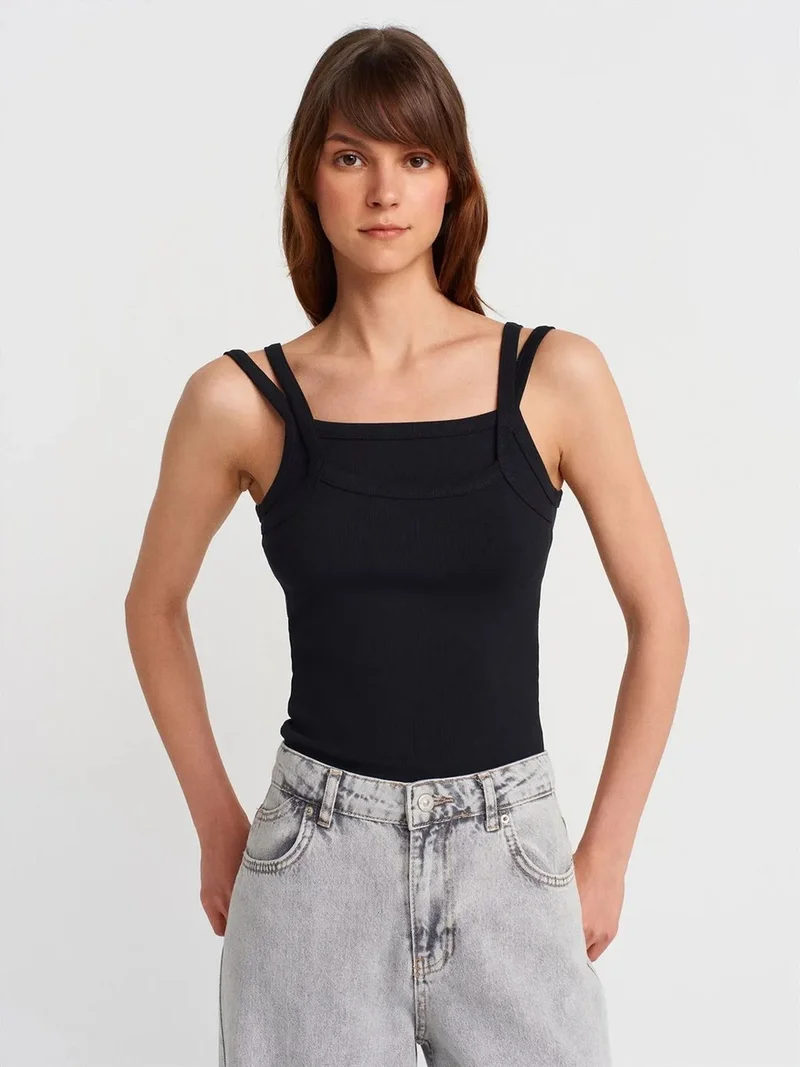 ديلفين DILVIN Ribbed Sleeveless Square-neck Blouse