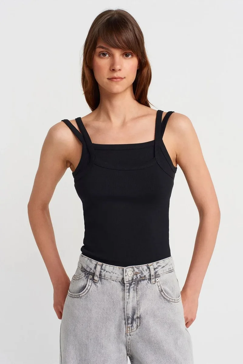 DILVIN Ribbed Sleeveless Square-neck Blouse