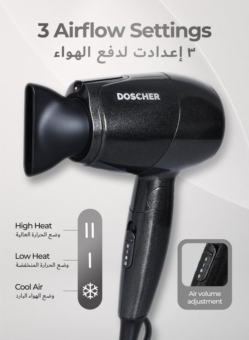 DOSCHER Portable Foldable Hair Dryer 1000W with Concentrator Nozzle & Travel Pouch, 3 Speed Settings, Compact Lightweight Design, 2m Cord with Velcro Strap, Dual Voltage Blow Dryer for Home & Travel - Image 2