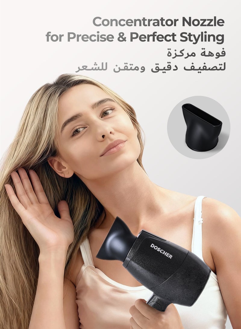 DOSCHER Portable Foldable Hair Dryer 1000W with Concentrator Nozzle & Travel Pouch, 3 Speed Settings, Compact Lightweight Design, 2m Cord with Velcro Strap, Dual Voltage Blow Dryer for Home & Travel - Image 3