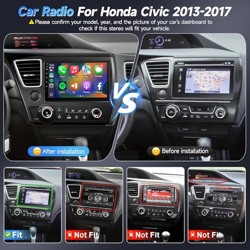 Naifay Android 12 Car Stereo for Honda Civic 2013-2017, 9inch IPS Touch Screen for Civic Head Unit, Carplay/Android Auto/Bluetooth/GPS/WiFi/Backup Camera/SWC+MIC(Fit Large Screen Non Knob) - Image 2