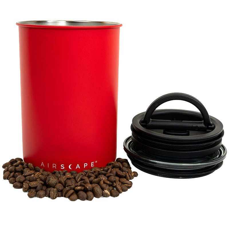 Planetary Design Airscape Stainless Steel Coffee Canister | Food Storage Container | US Patented Airtight Lid | Push Out Excess Air Preserve Food Freshness (Medium, Matte Red) - Image 1