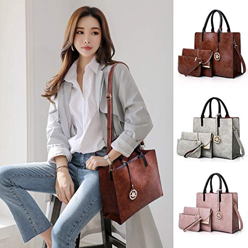 AlwaySky Women Handbags Sets 3 Pcs Large Capacity Handbag Chain Shoulder Bag Clutch Wrist Purse, Brown - Image 2