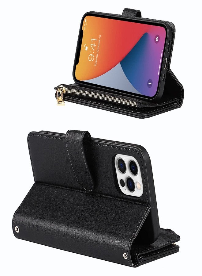 Jaorty for iPhone 12 Pro Phone Case Wallet for Women Men with Card Holder,for iPhone 12 Crossbody Case with Strap Shoulder Lanyard, Zipper Pocket PU Leather Cases for iPhone 12 Pro,6.1 Inch Black - Image 3