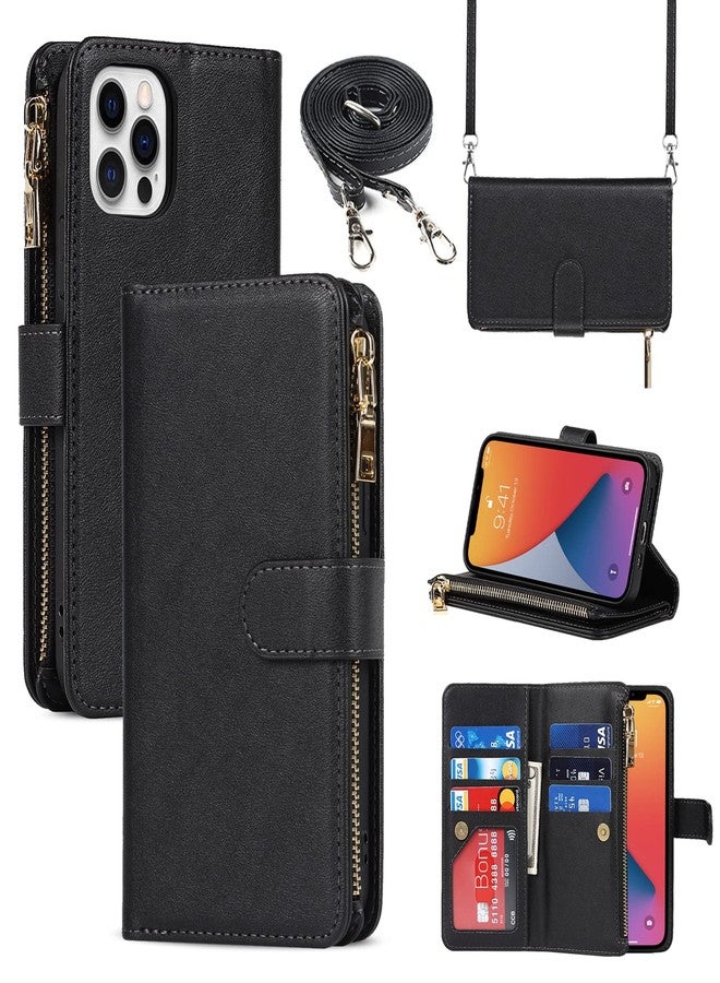 Jaorty for iPhone 12 Pro Phone Case Wallet for Women Men with Card Holder,for iPhone 12 Crossbody Case with Strap Shoulder Lanyard, Zipper Pocket PU Leather Cases for iPhone 12 Pro,6.1 Inch Black - Image 1