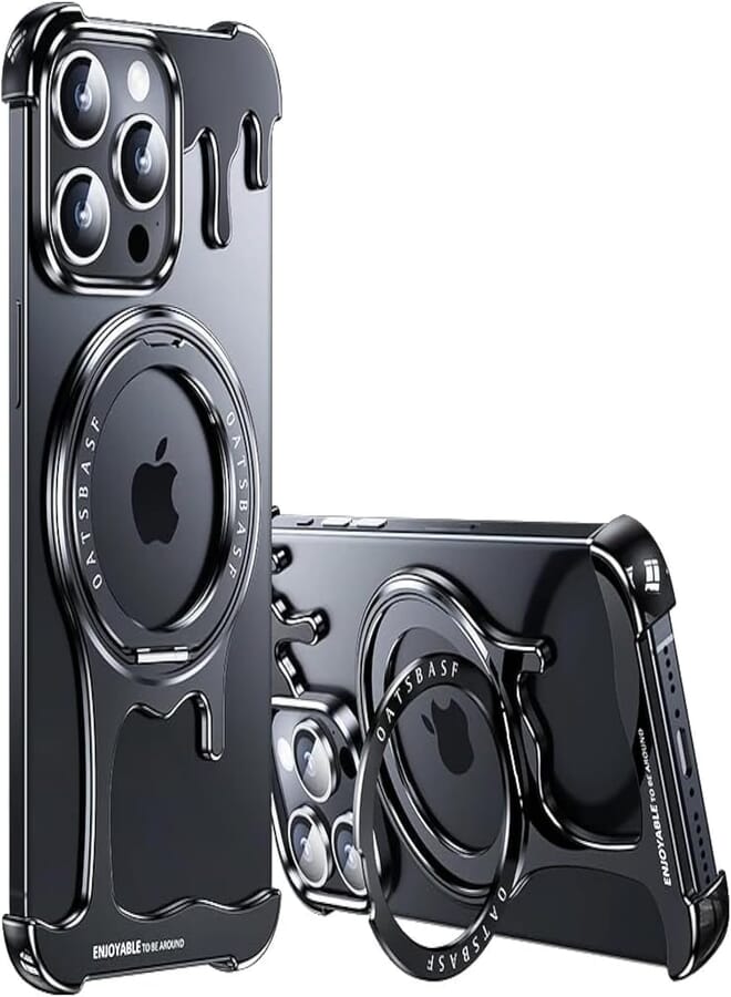 Next Store Frameless Case for iPhone 15 Pro Max - 360 Degree Rotatable Metal Stand - Aluminum Bumper Protector - Slimmer Shock Resistant Frame - Easy Installation - Natural Titanium (Black)