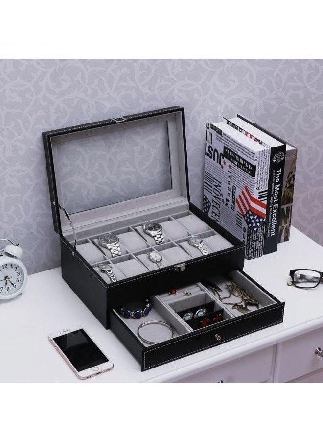 2-Layer Storage Box, 12 Watch Storage Slots And Drawer-Type Jewelry Storage, PU Leather And Transparent Glass Lid - Image 1