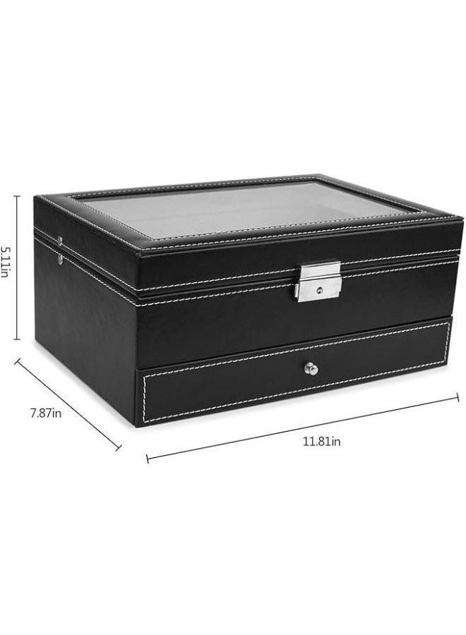 2-Layer Storage Box, 12 Watch Storage Slots And Drawer-Type Jewelry Storage, PU Leather And Transparent Glass Lid - Image 4