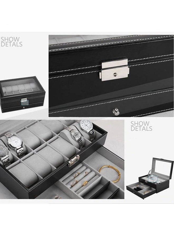 2-Layer Storage Box, 12 Watch Storage Slots And Drawer-Type Jewelry Storage, PU Leather And Transparent Glass Lid - Image 2