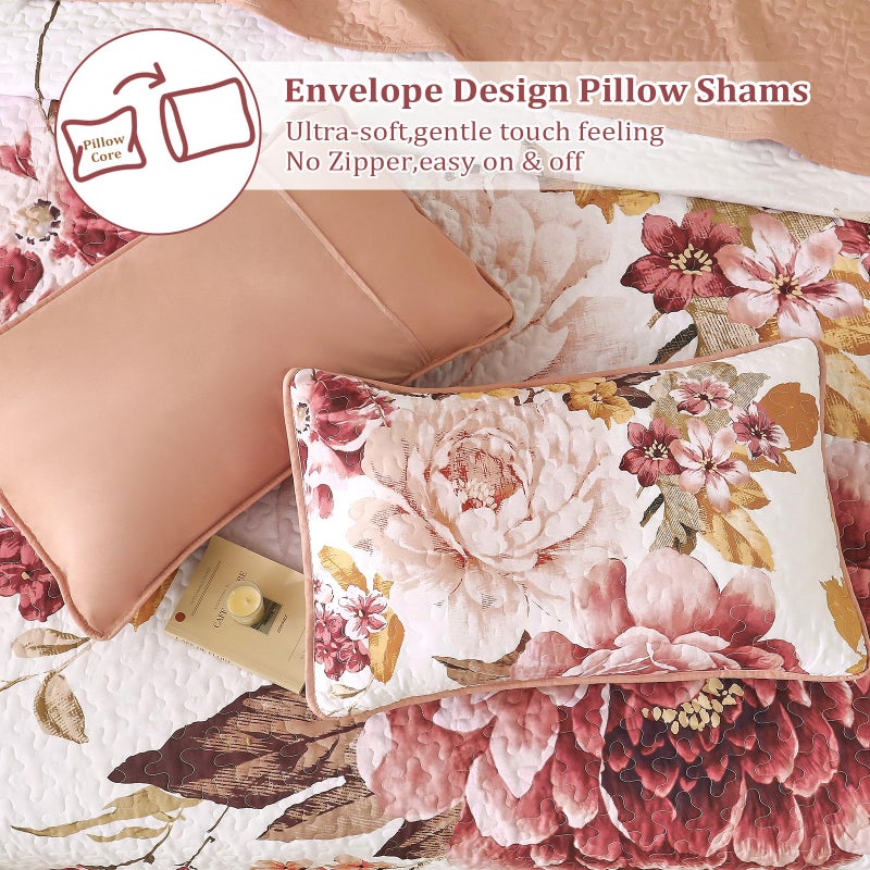 WONGS BEDDING Floral Quilt Set King, 3 Pieces Elegant Blush Flower Bedspread Coverlet Set for All Season, Farmhouse Soft Microfiber Reversible Pink Quilt Bedding Set with 2 Pillow Shams 104"X90" - Image 5