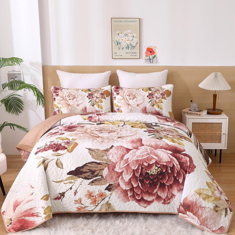 WONGS BEDDING Floral Quilt Set King, 3 Pieces Elegant Blush Flower Bedspread Coverlet Set for All Season, Farmhouse Soft Microfiber Reversible Pink Quilt Bedding Set with 2 Pillow Shams 104"X90" - Image 1