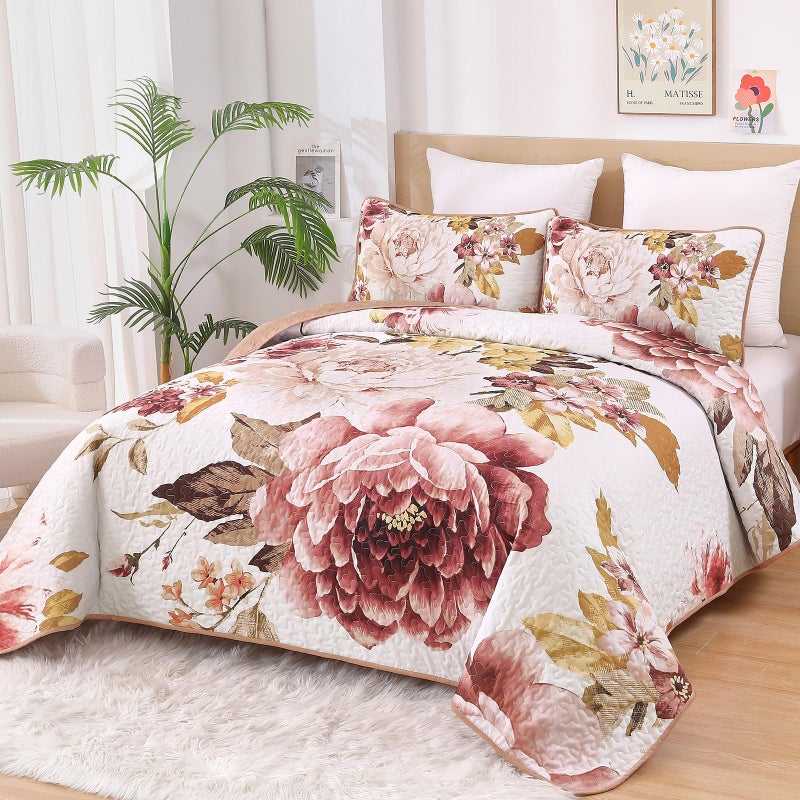 WONGS BEDDING Floral Quilt Set King, 3 Pieces Elegant Blush Flower Bedspread Coverlet Set for All Season, Farmhouse Soft Microfiber Reversible Pink Quilt Bedding Set with 2 Pillow Shams 104"X90" - Image 3