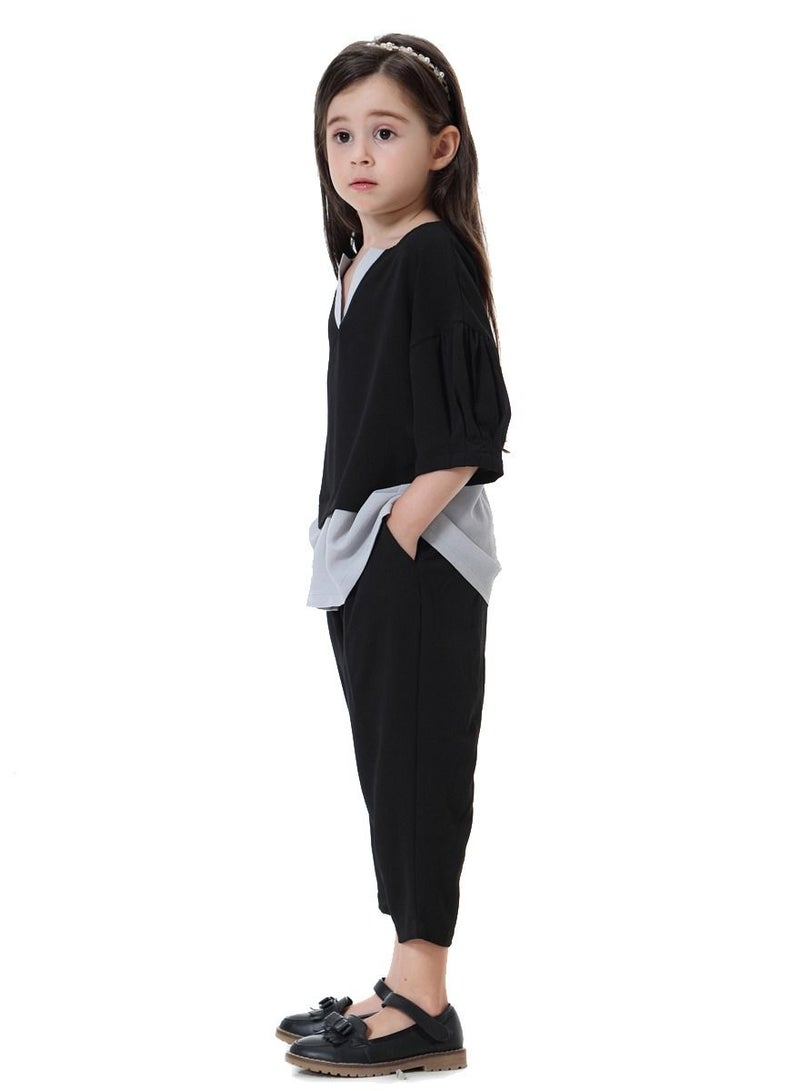 Loquat Girl's 2-Piece Set Outfit Mid-Sleeve Top And Loose Cropped Pants Suit Black/Grey  - Image 2