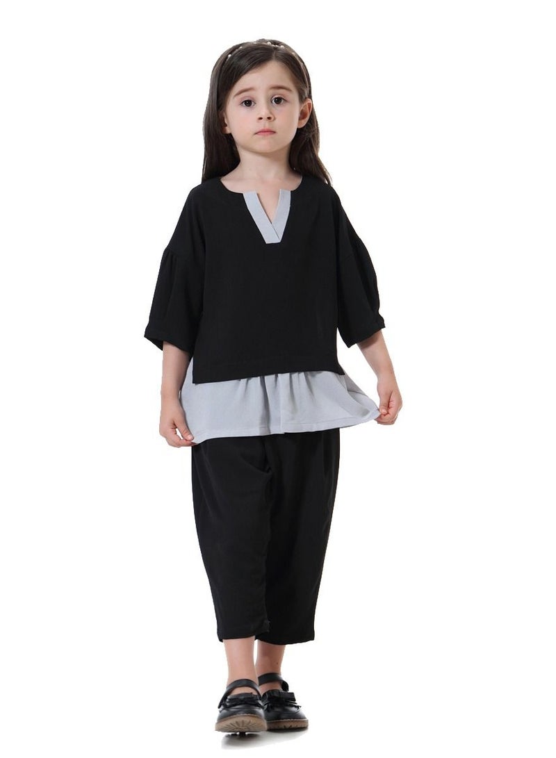 Loquat Girl's 2-Piece Set Outfit Mid-Sleeve Top And Loose Cropped Pants Suit Black/Grey  - Image 1